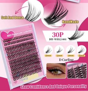 Macro view of D-curl 30P DIY cluster lashes in 10-16mm lengths for a dense look