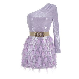 Sexy purple one-shoulder sequin mini dress with feather trim and waist belt