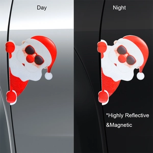 Magnetic reflective Santa car sticker showing day and night visibility comparison