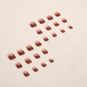 Burgundy gradient press-on nails with silver glitter heart and butterfly designs