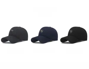 Business casual men's baseball caps in grey, navy, and black with metal shield emblem