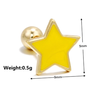 Macro view of 9mm gold star screw back earring with yellow enamel detail weighing 0.5g