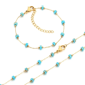 Conjunto de collar minimalista de acero inoxidable dorado con cuentas de mármol turquesa