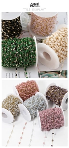 Close-up detail of colorful beaded tassels and chains on spools for DIY jewelry making