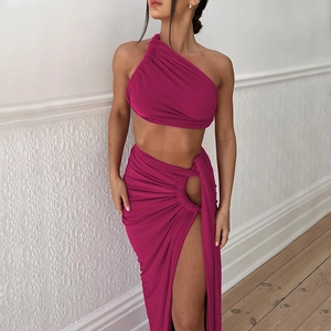 Sexy two-piece set featuring a one-shoulder crop top and high-slit long skirt in rose red
