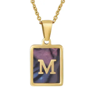 Square Pendant Necklace Stainless Steel 18K Gold Plated Colorful Shell Inlay Alphabet Initial Letter Jewelry