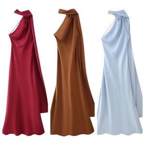 Detailed comparison of satin halter neck dresses in burgundy, brown and light blue colors