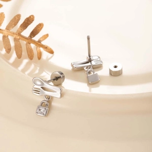 Minimalist silver screw back earrings with creative fork, spoon and heart lock pendants