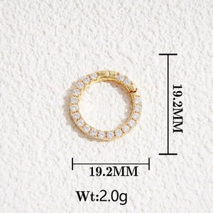 Detail view of 19.2mm round brass lobster clasp with 18K gold finish and CZ pavé setting