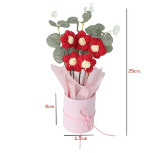 Hand-knitted red flower bouquet in a pink bucket gift box with dimensions 25cm height