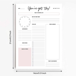 Pink and white daily planner page with schedule, meal tracking and water intake layout