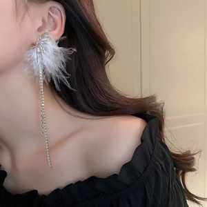 Detail view of silver wing earrings with white feathers and shimmering tassel on model