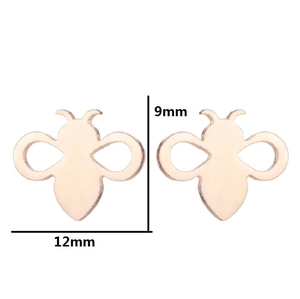 Detail of rose gold bee stud earrings showing 12mm width and 9mm height dimensions