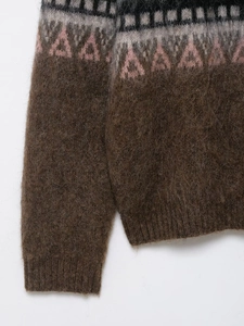 Close-up of brown mohair sweater with fuzzy texture and colorful jacquard pattern