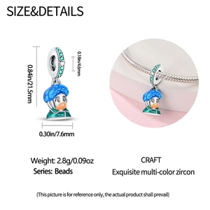 Detailed technical view of oil painting style bead charm with zircon size and weight info