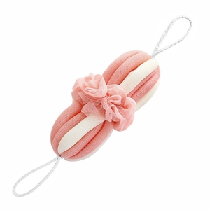 Pink and white stretchable mesh bath sponge back scrubber with hanging rope on white background