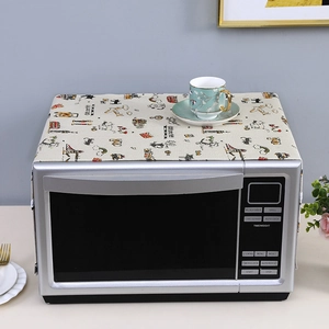 Linen fabric microwave dust cover with colorful cartoon patterns and rustic texture