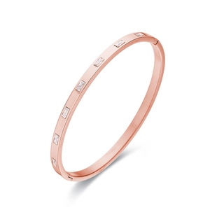Elegant rose gold titanium steel bracelet with rectangular crystals and hinged closure