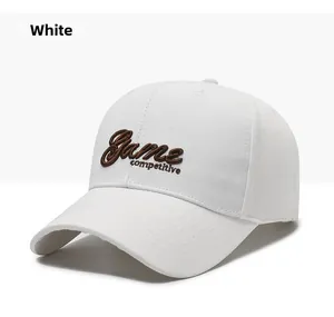 Detail of white cotton baseball cap with brown Game competitive letter embroidery