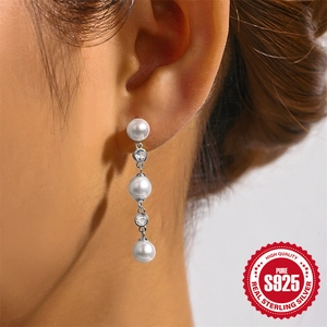 Elegant S925 sterling silver drop earrings with white pearls and sparkling cubic zirconia