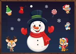 Close-up of Christmas window clings featuring cartoon snowman, reindeer, and penguin designs