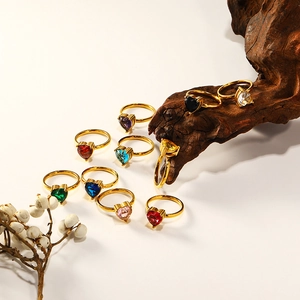 Minimalist 18k gold plated titanium steel heart zircon rings in 10 assorted colors