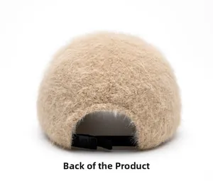 Detail of plush faux rabbit fur baseball cap back with adjustable black strap