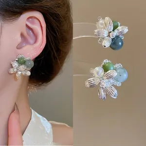 Flower Stud Earrings With Agate Faux Artificial Pearl And 925 Sterling Silver Earring Post Retro Elegant Jewelry For Women