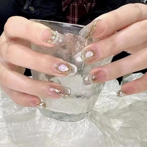 Handmade long coffin press-on nails with pearls, 3D gold accents and cat-eye jewels