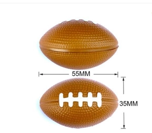 Detailed view of brown mini foam rugby keychain with 55mm and 35mm dimensions