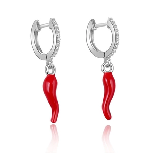 S925 silver needle hoop earrings with red enamel chili pepper pendants and zircon inlay
