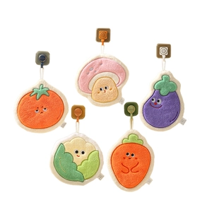 5-piece set of hanging coral fleece hand towels in vegetable shapes like tomato and carrot
