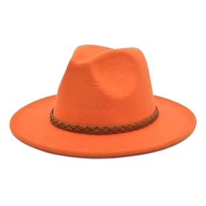 Detail view of the orange wool felt fedora hat featuring a brown braided leather band