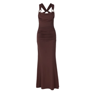 Detail of ruched coffee brown evening dress featuring backless crisscross straps and metal rings