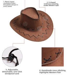 Dettaglio cappello da cowboy in pelle scamosciata caffè con prese d'aria in rame