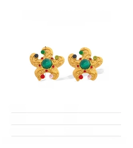 Detail view of 18K gold plated vintage starfish earrings with cat-eye stones