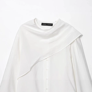 Elegant white long sleeve blouse for women with tiered cape design and pearlized finish