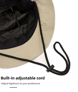 Detail of outdoor sun hat featuring internal adjustable drawstring and breathable mesh lining