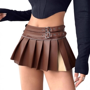 Brown faux leather pleated mini skirt with double buckle belts and zipper detail