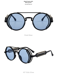 Detail of steampunk sunglasses featuring black metal frames and circular blue lenses