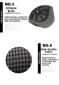 Detail of structured brim and soft cotton plaid fabric texture on a newsboy cap