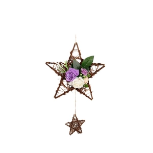 Floral wooden star wreath with purple and white roses for home wall decoration