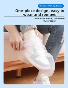 Close-up of thickened transparent PE disposable waterproof shoe covers with matte texture
