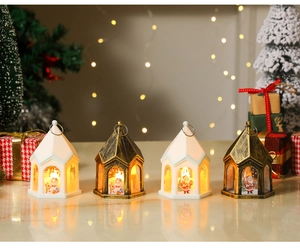Set of four vintage Christmas lanterns with Santa illustrations and warm LED lights