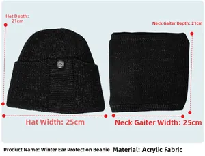 Winter men's knitted beanie and neck warmer set showing size dimensions and fabric texture
