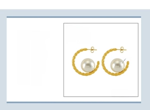 Detail of 18k gold plated C-shaped pearl earring with stainless steel material specs