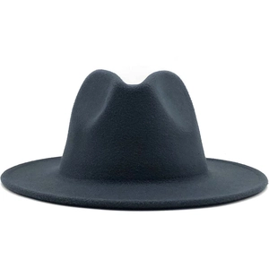 Front view of a dark grey wool fedora hat with a classic indented crown and wide brim