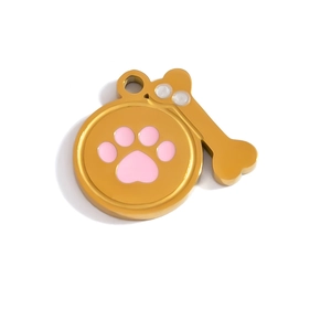 18K vergoldetes Edelstahl Hundemarken Set mit rosa Pfote und Knochen Anhänger