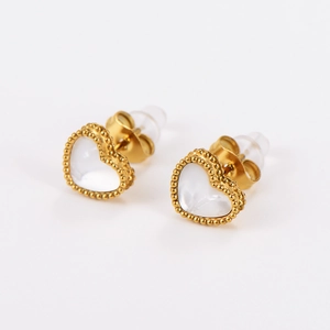 Golden heart earrings with white mother of pearl inlay and secure double backings