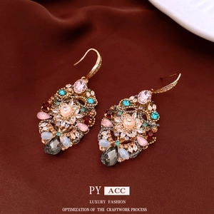 Vintage gold earrings with colorful zircon butterfly and grey teardrop pendant